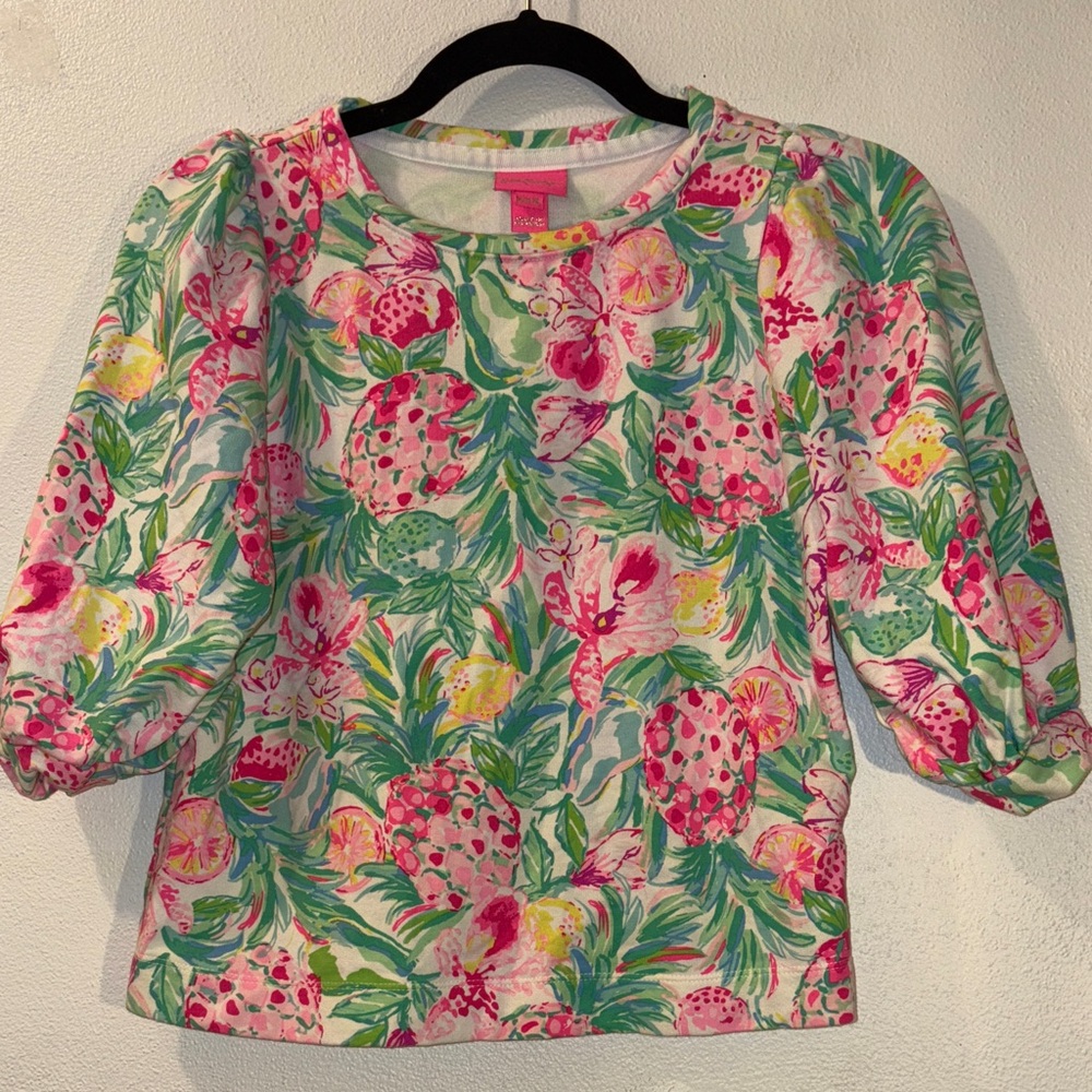 Lilly Pulitzer Girls XL 12/14 Pink and Green Floral Blouse
